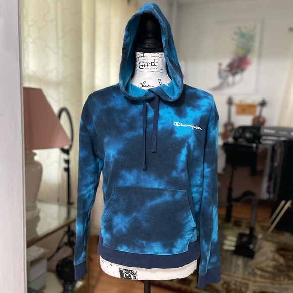 EUC Women’s Size Medium Champion Logo Embroidered Tie Dye Hoodie In Dark Navy - Picture 4 of 12